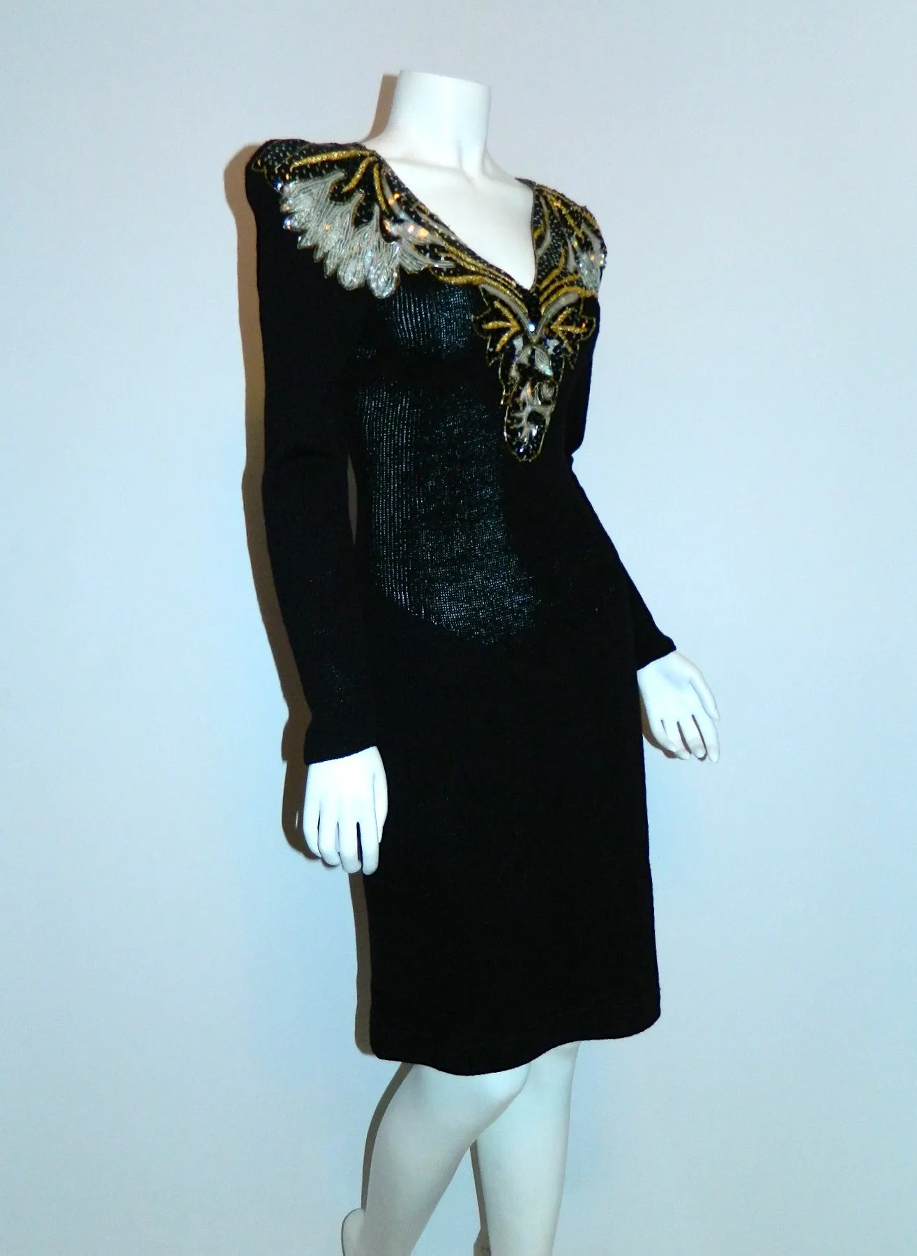 1980s GLAM black dress vintage Pat Sandler Wellmore sequin front knit dress