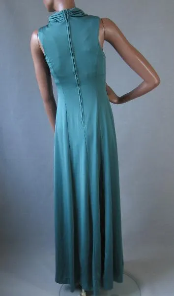 70s Vintage Draped Cowl Neck Green Maxi Long Dress Small VFG