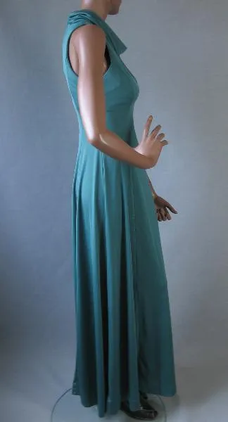 70s Vintage Draped Cowl Neck Green Maxi Long Dress Small VFG