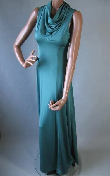 70s Vintage Draped Cowl Neck Green Maxi Long Dress Small VFG