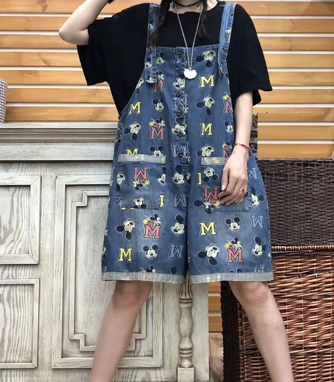 Alphabet Cartoon Denim Silk Loose Casual Summer Overall Women Jumpsuits QYCQ05165