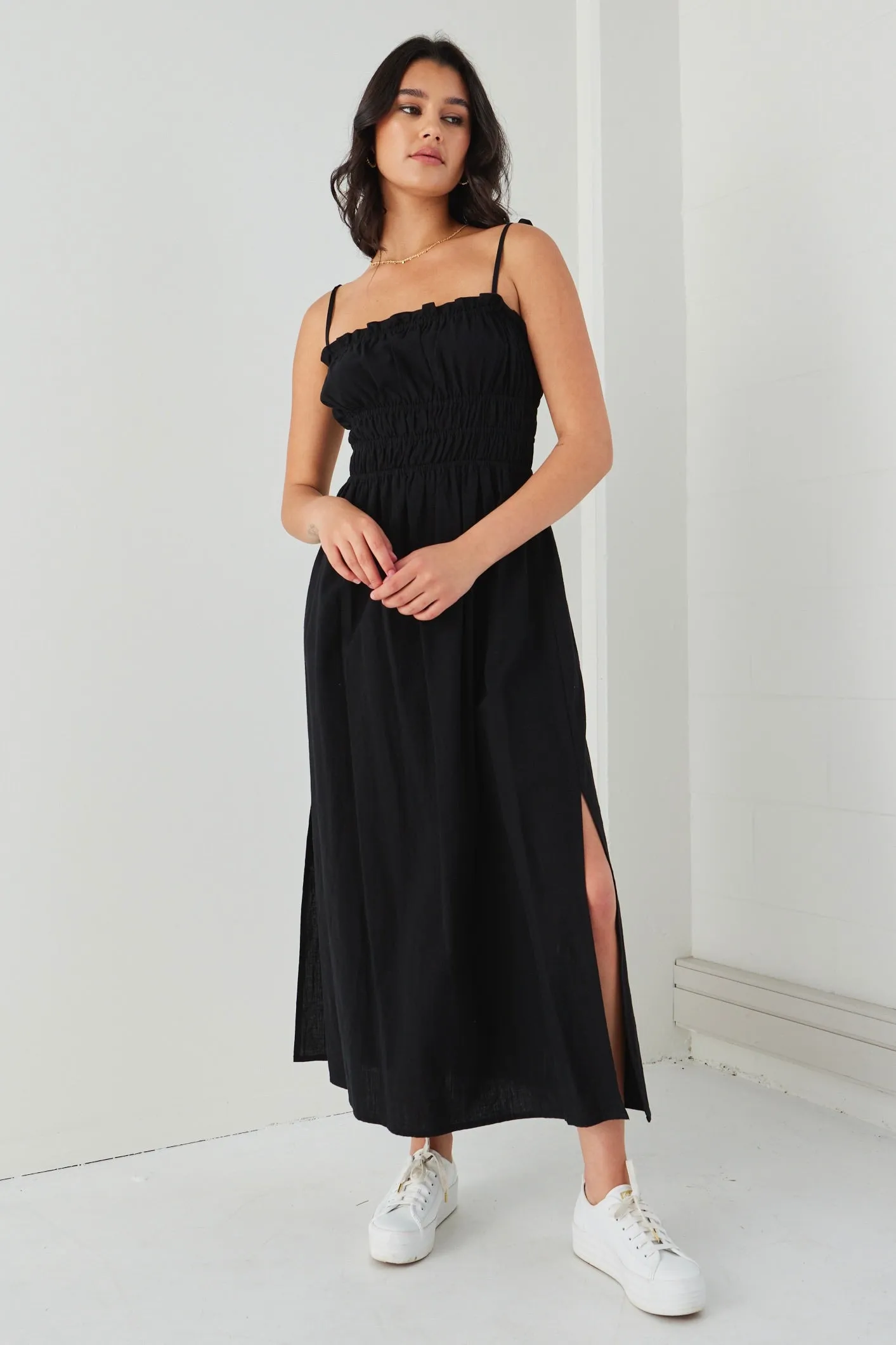 Arcadia Black Cotton Gathered Tie Strap Midi Dress