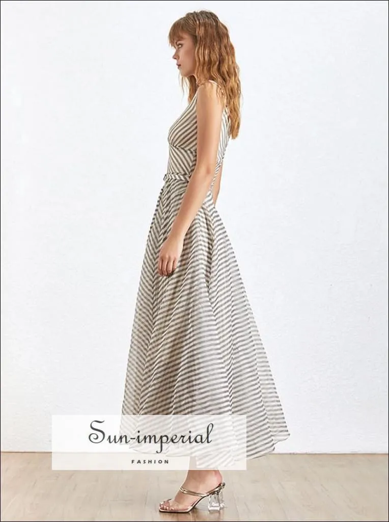 Argenteuil Dress- Elegant Maxi Striped Dress for Women Deep V Neck Sleeveless