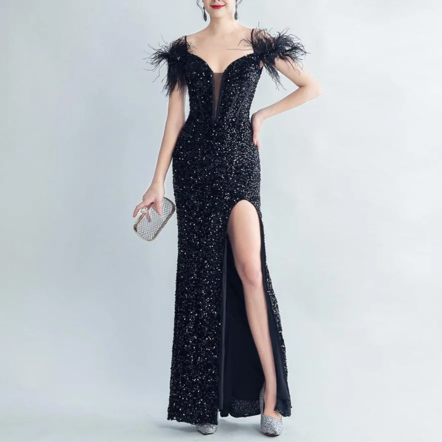 Arizona Off Shoulder Basque Ostrich Fur Dress