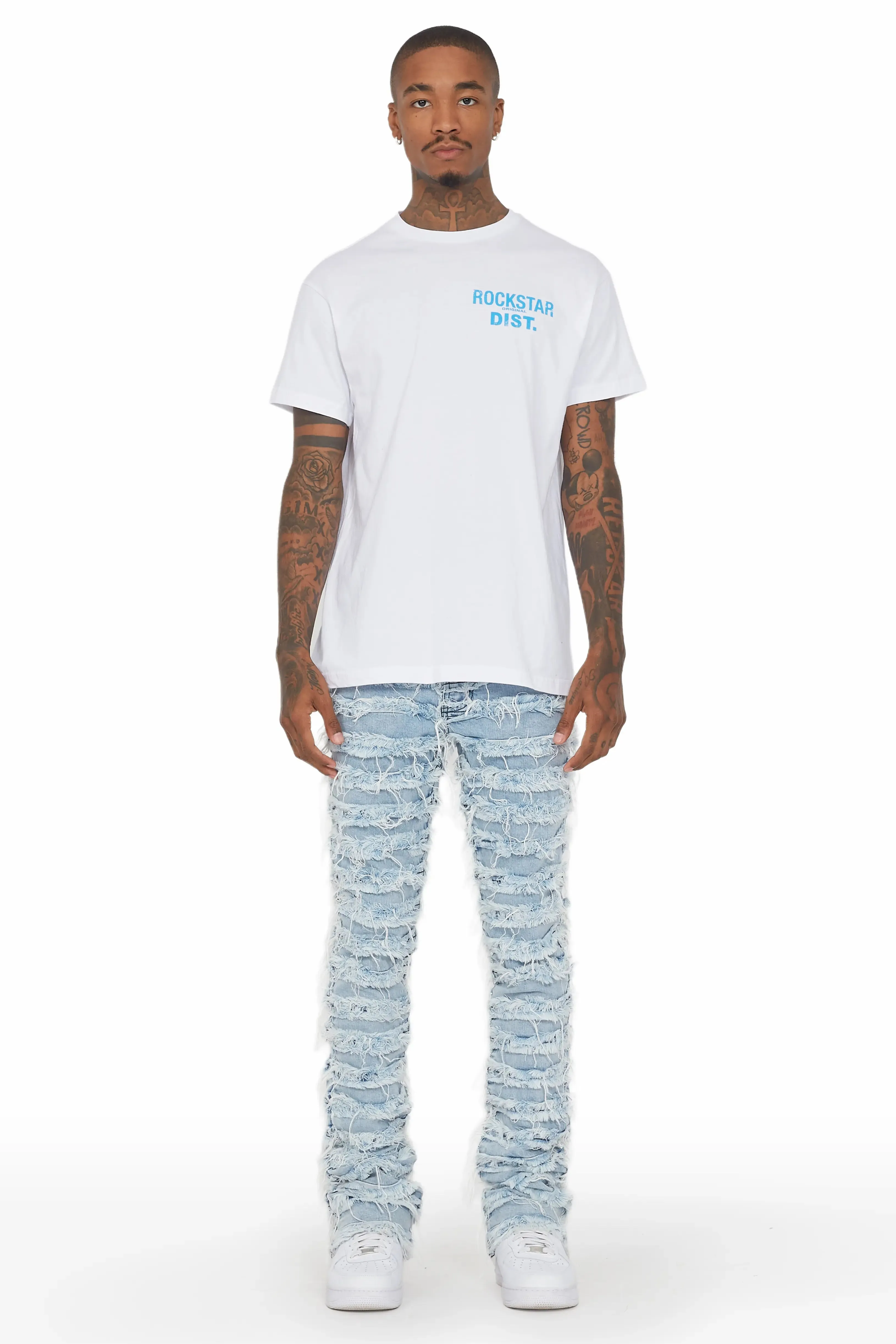 Ayan Blue Distressed Stacked Flare Jeans