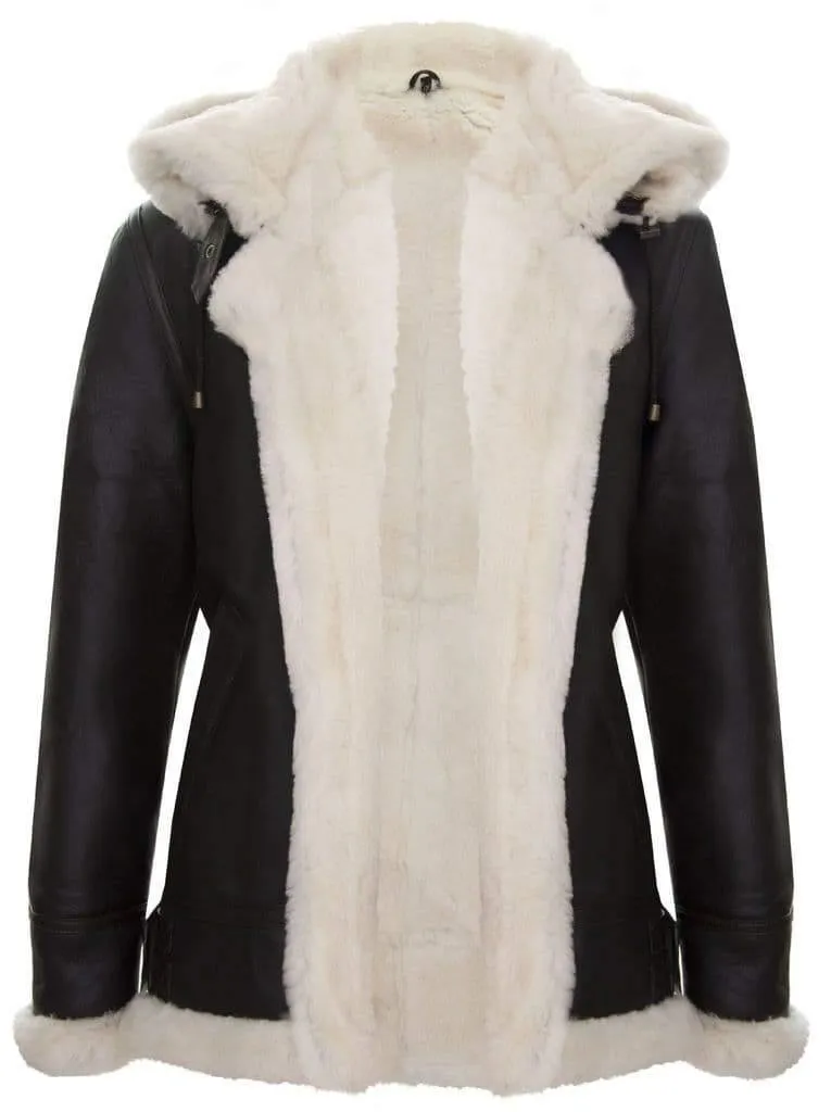 B3 Sheepskin Jacket with Detachable Hood in Brown & Cream