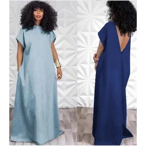 Back V-Neck Denim Maxi Dress