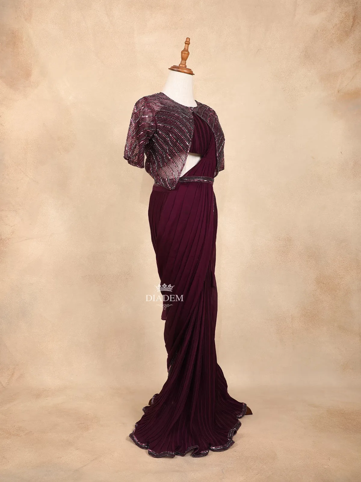 Burgundy Crush Satin Ready to Wear Saree with Plain Body Paired with Designer Blouse Waist Belt and Overcoat