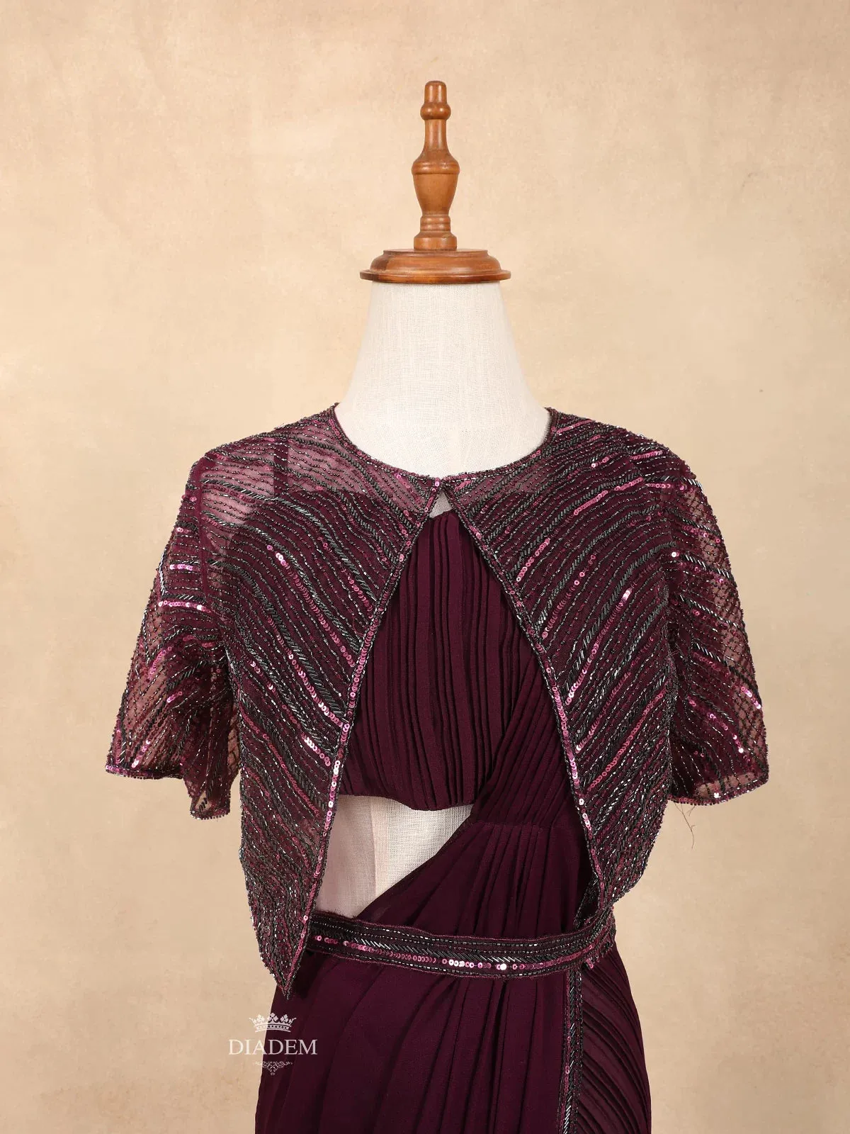 Burgundy Crush Satin Ready to Wear Saree with Plain Body Paired with Designer Blouse Waist Belt and Overcoat