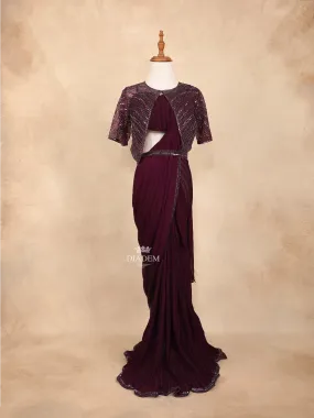 Burgundy Crush Satin Ready to Wear Saree with Plain Body Paired with Designer Blouse Waist Belt and Overcoat