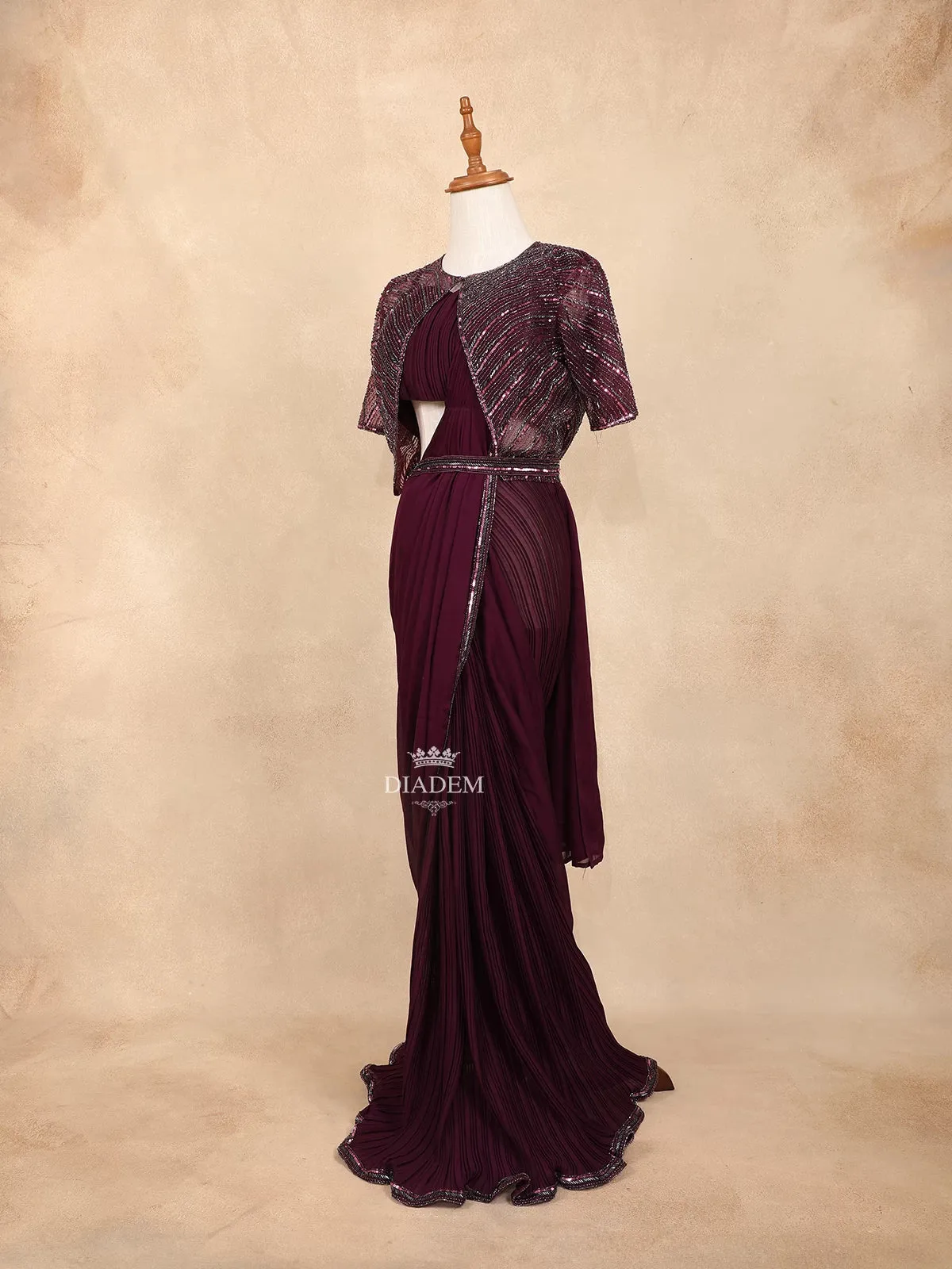 Burgundy Crush Satin Ready to Wear Saree with Plain Body Paired with Designer Blouse Waist Belt and Overcoat