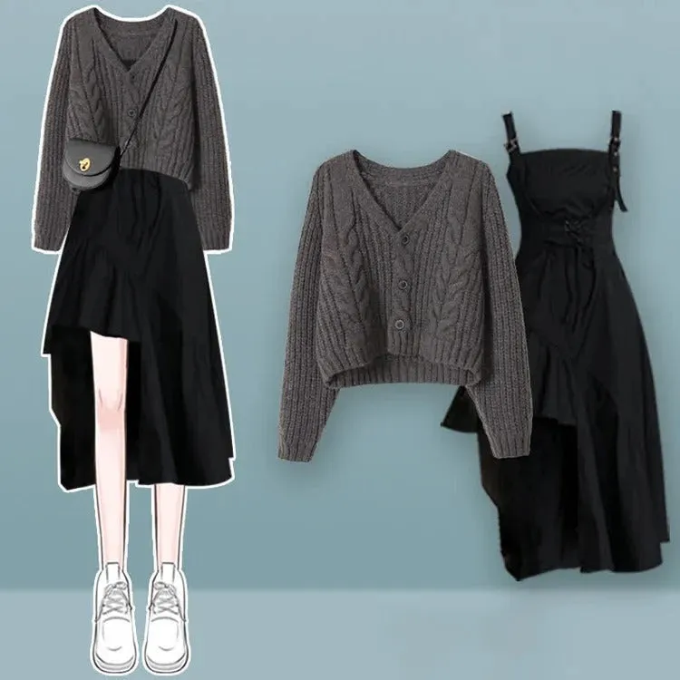 Button Cardigan Cross Knit Sweater Lace Up Slip Dress Two Piece Set