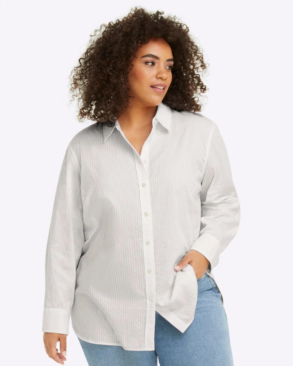 Button Down Top in White Shirting Stripe