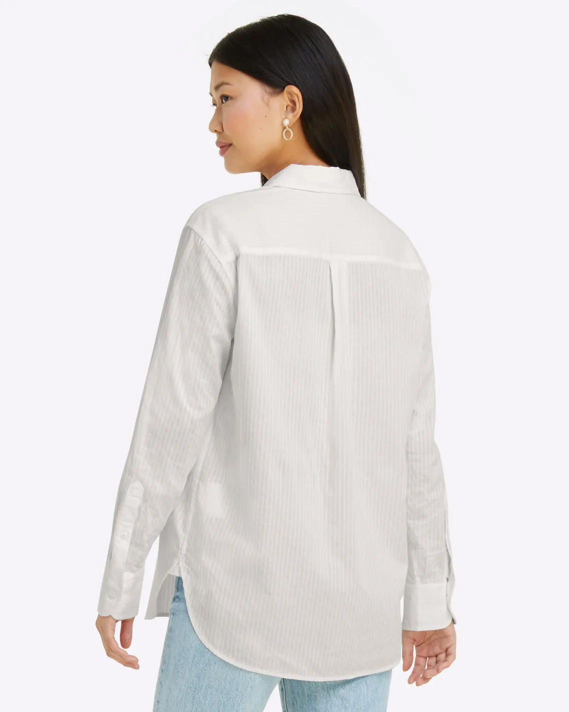 Button Down Top in White Shirting Stripe