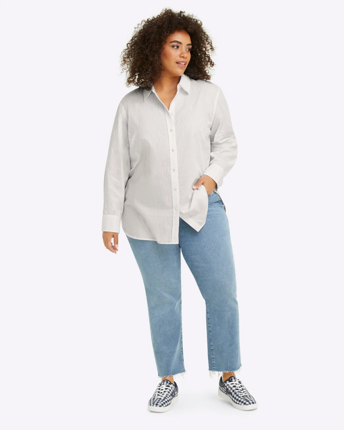 Button Down Top in White Shirting Stripe