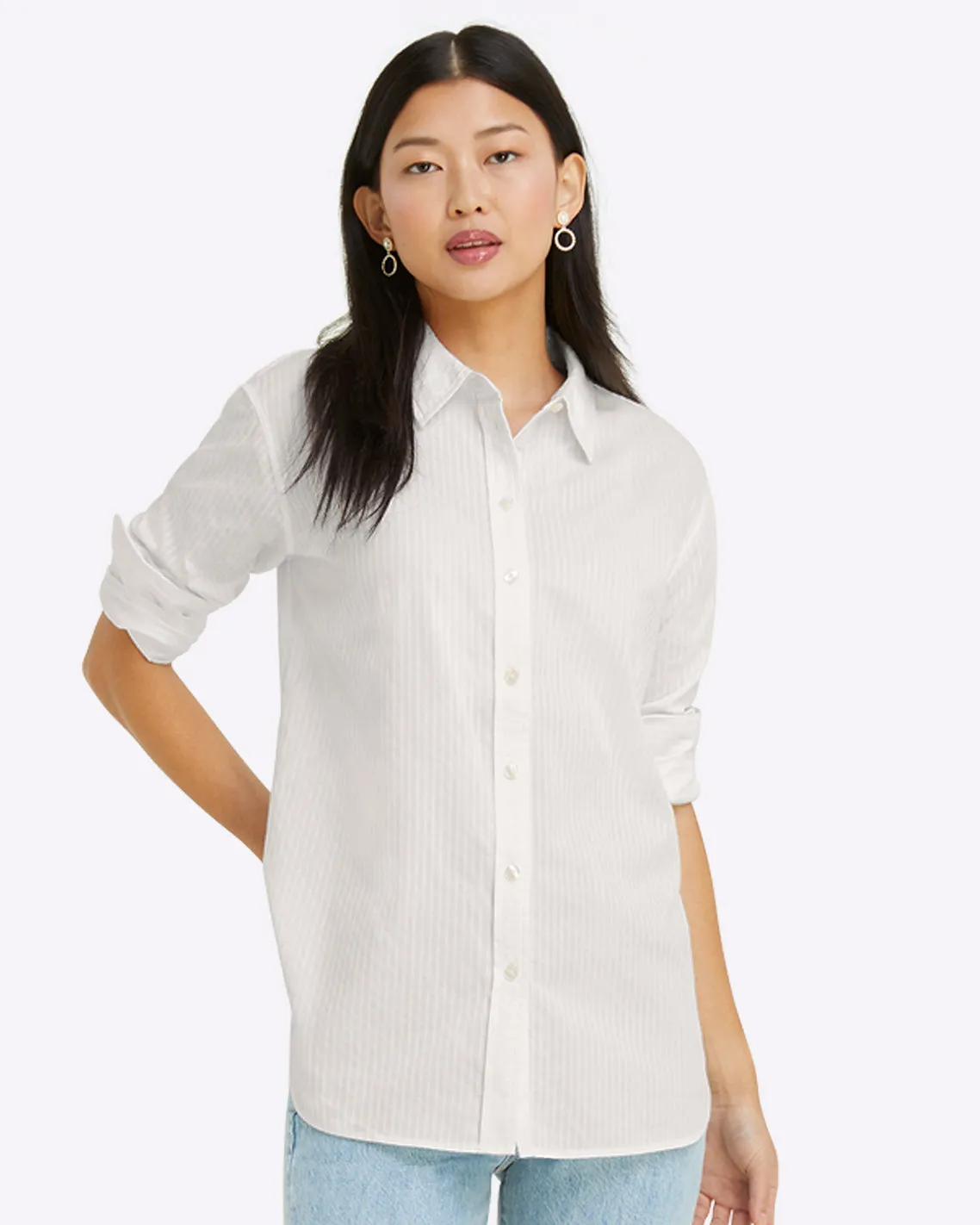 Button Down Top in White Shirting Stripe