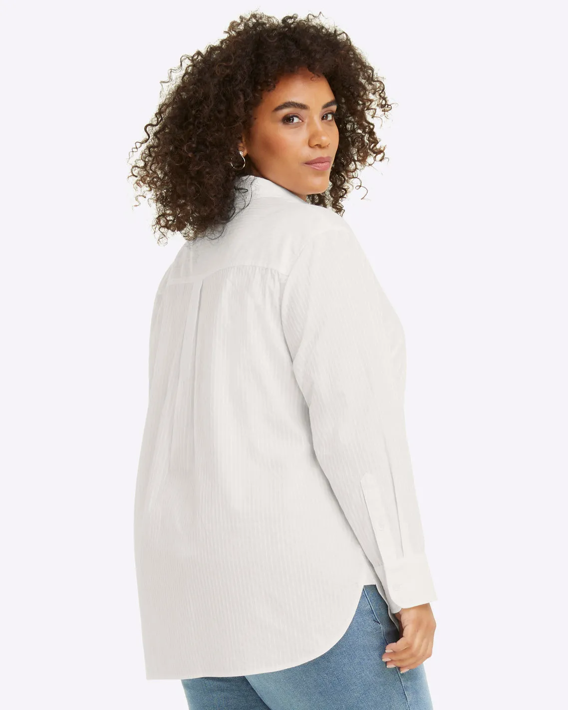 Button Down Top in White Shirting Stripe