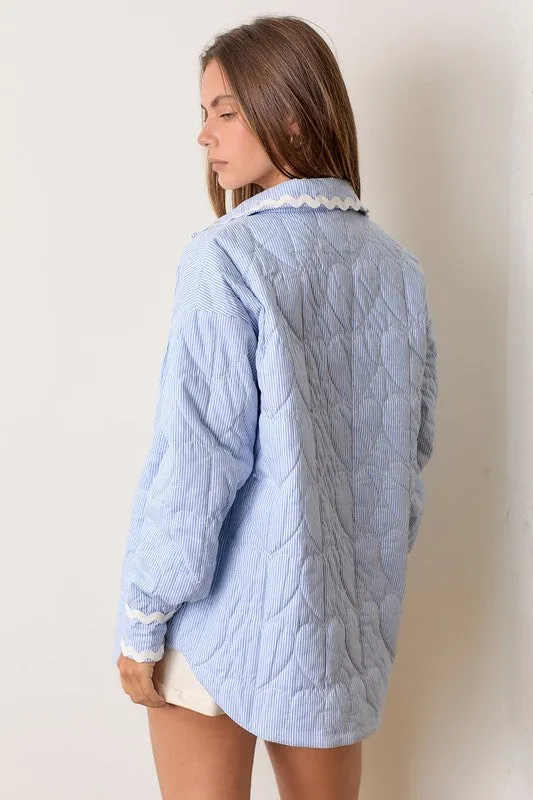 Caylee Long Sleeve Stripe Print Button Down Quilted Shacket Blue