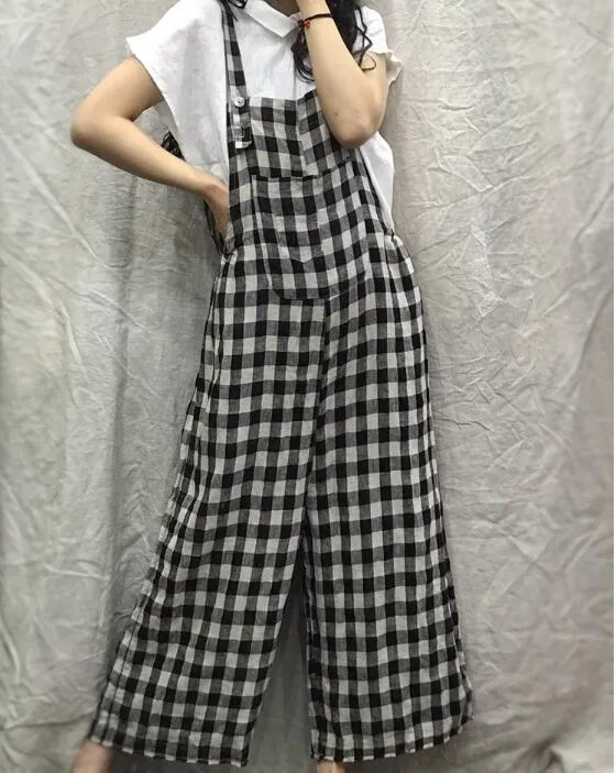 Checked Loose Casual Spring Summer Denim Overall Loose Women Jumpsuits QYCQ05165