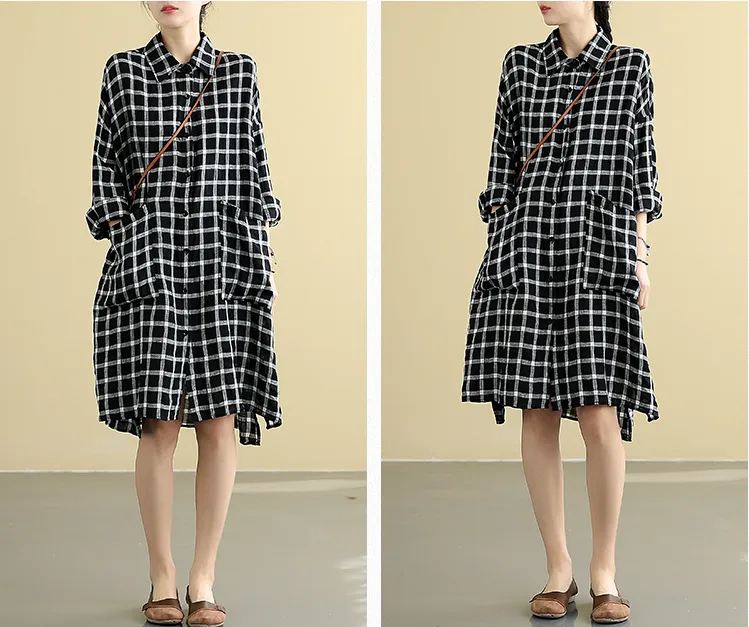 Checked  Summer  Linen Spring Women loose Shirts Dresses DZA05095