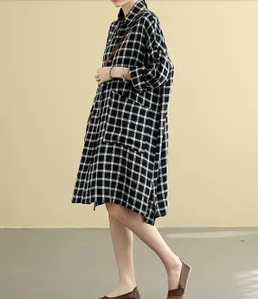 Checked  Summer  Linen Spring Women loose Shirts Dresses DZA05095