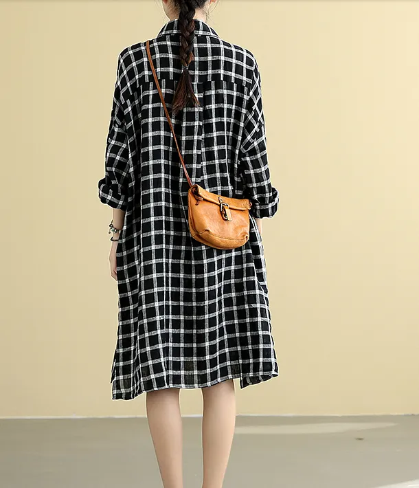 Checked  Summer  Linen Spring Women loose Shirts Dresses DZA05095