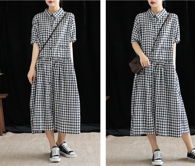 Checked Summer Spring Cotton Linen Women Dresses DZA20674