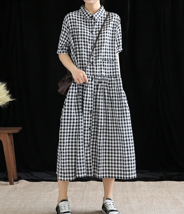 Checked Summer Spring Cotton Linen Women Dresses DZA20674