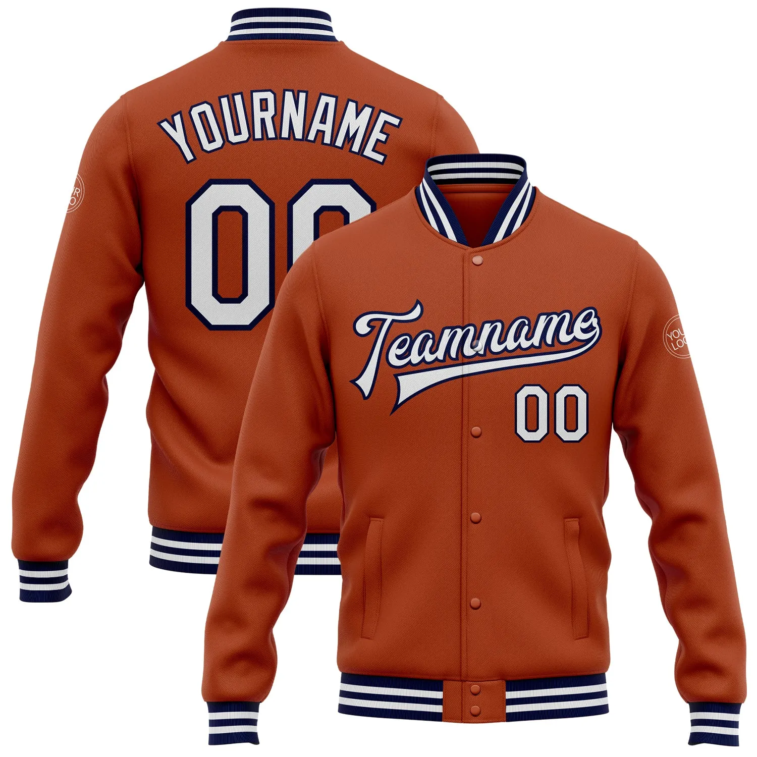 Custom Texas Orange White-Navy Bomber Full-Snap Varsity Letterman Jacket