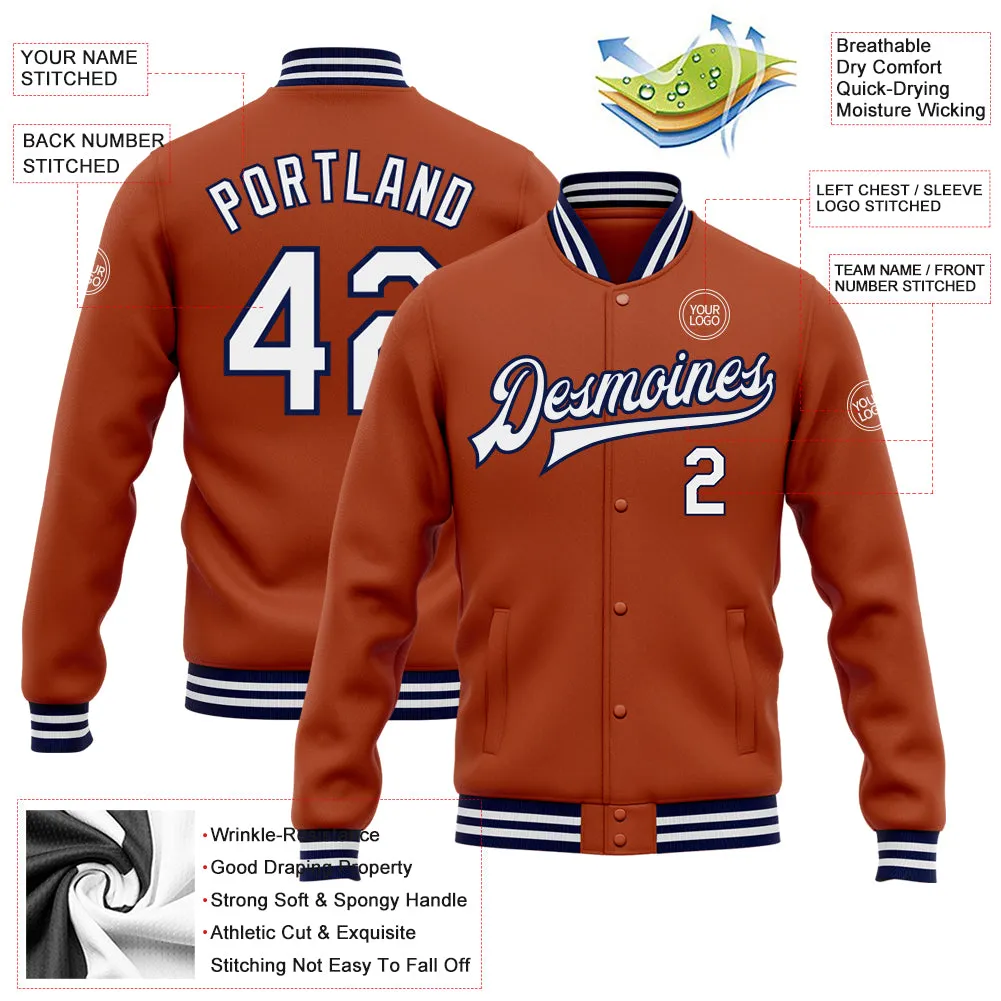 Custom Texas Orange White-Navy Bomber Full-Snap Varsity Letterman Jacket