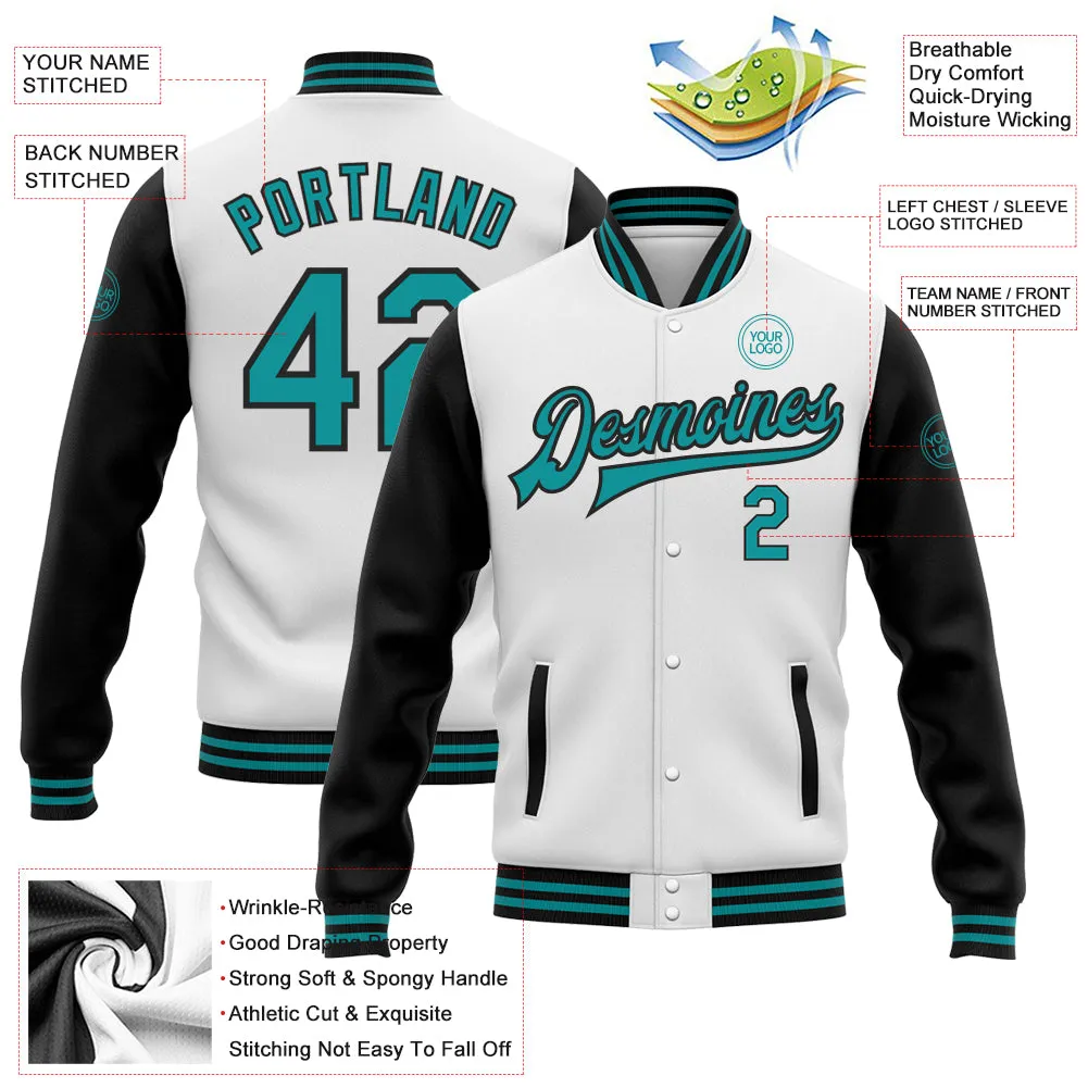 Custom White Teal-Black Bomber Full-Snap Varsity Letterman Two Tone Jacket