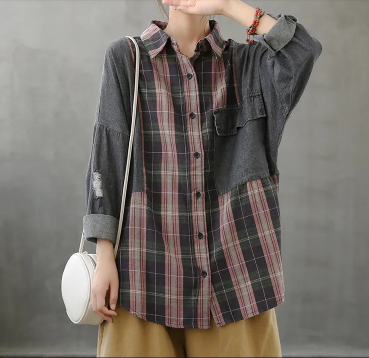 Denim Plaid Autumn Women Casual Blouse Cotton Shirts Tops DZA200853