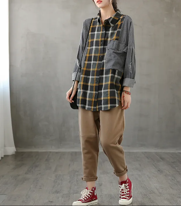 Denim Plaid Autumn Women Casual Blouse Cotton Shirts Tops DZA200853