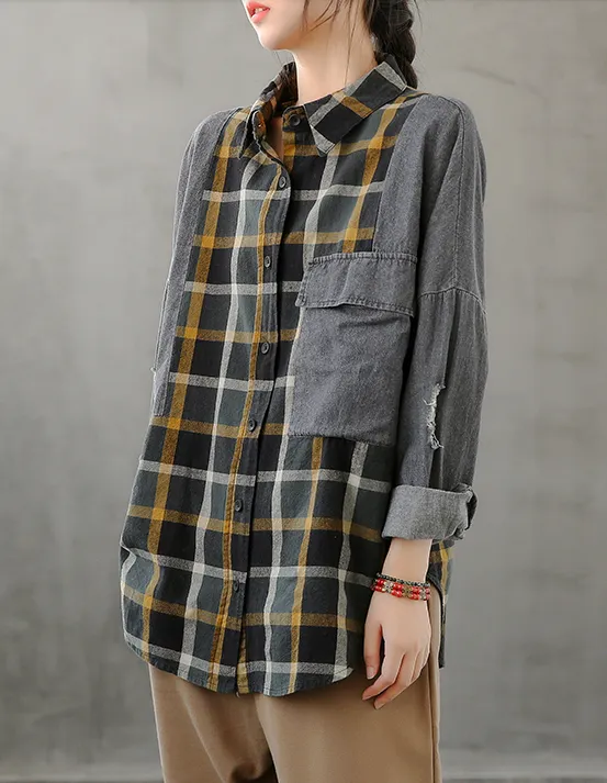 Denim Plaid Autumn Women Casual Blouse Cotton Shirts Tops DZA200853