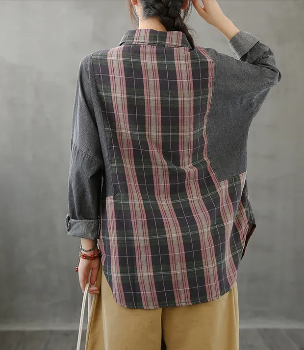 Denim Plaid Autumn Women Casual Blouse Cotton Shirts Tops DZA200853