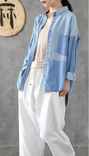 Denim Women Casual Blouse Cotton Linen Shirts Tops DZA200863