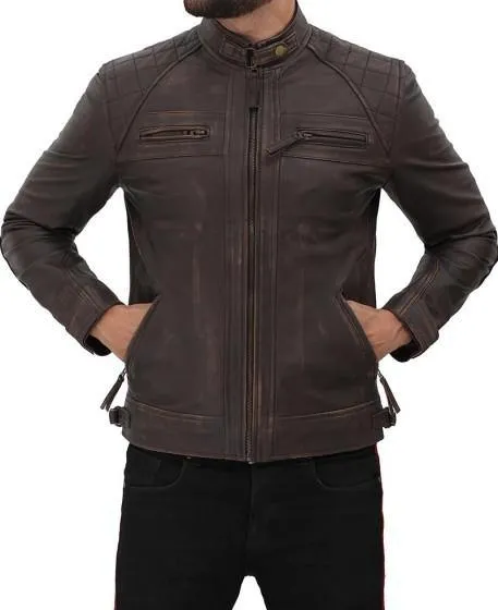 Distressed Dark Brown Quilted Leather Biker Jacket for Men