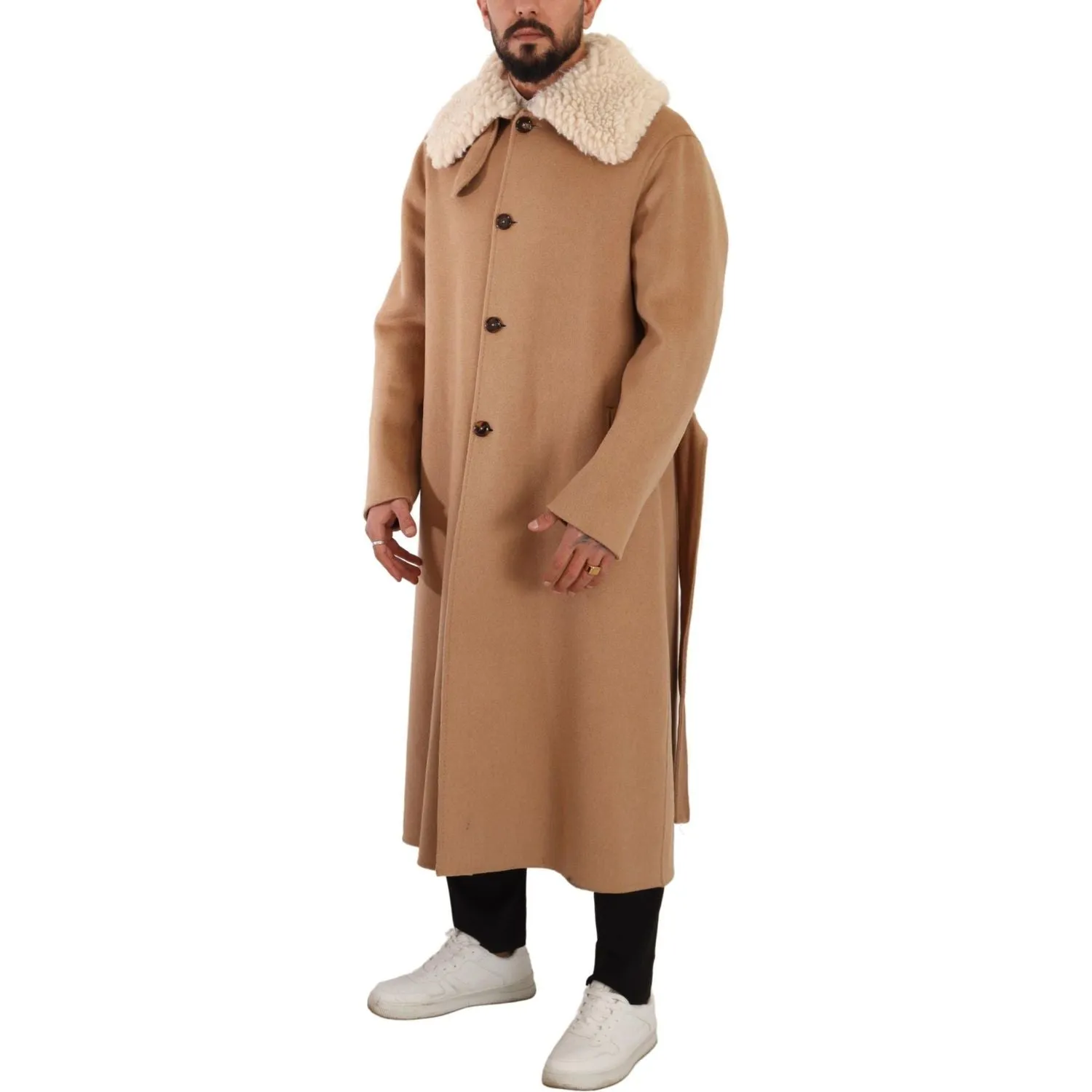 Dolce & Gabbana Opulent Beige Shearling-Collar Overcoat