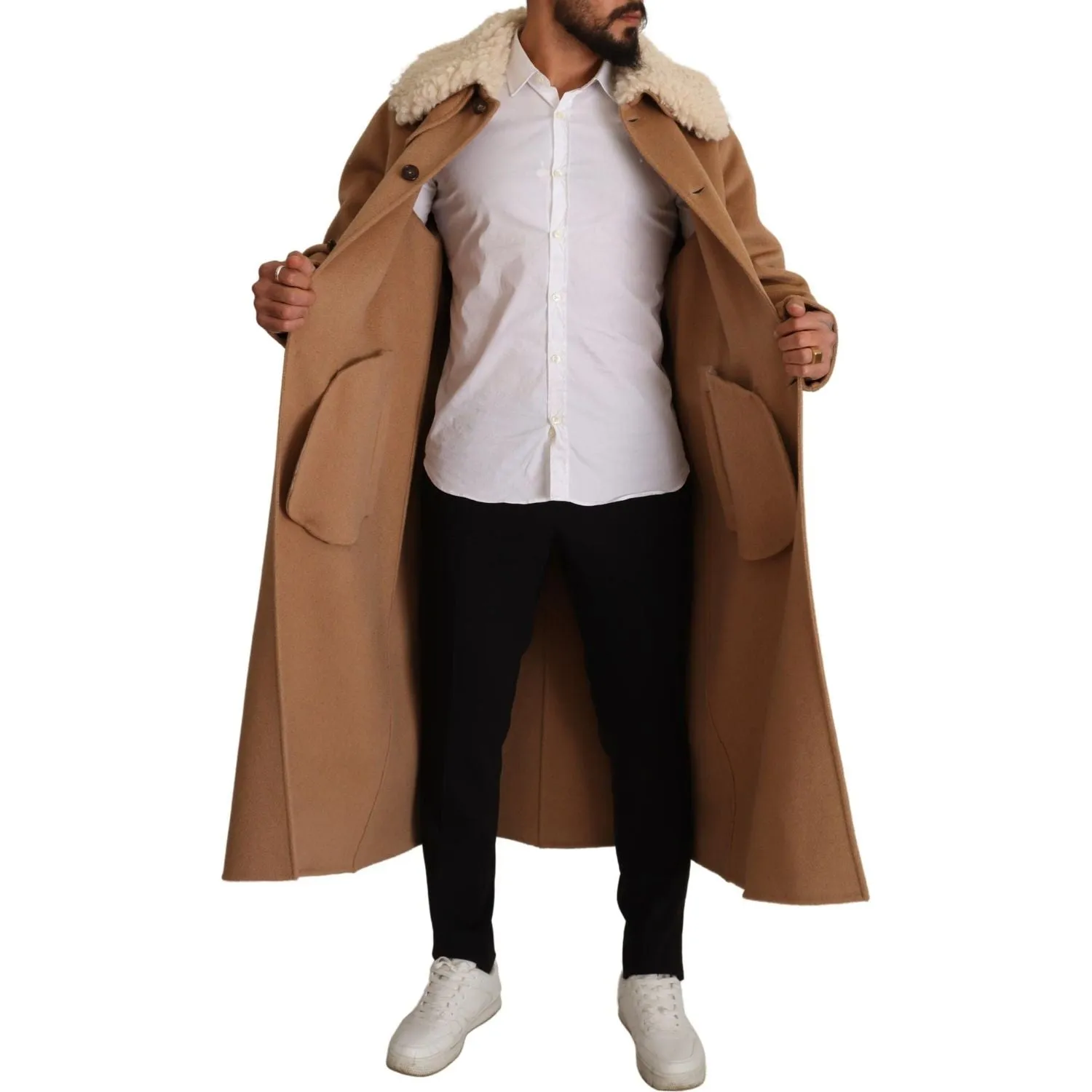 Dolce & Gabbana Opulent Beige Shearling-Collar Overcoat