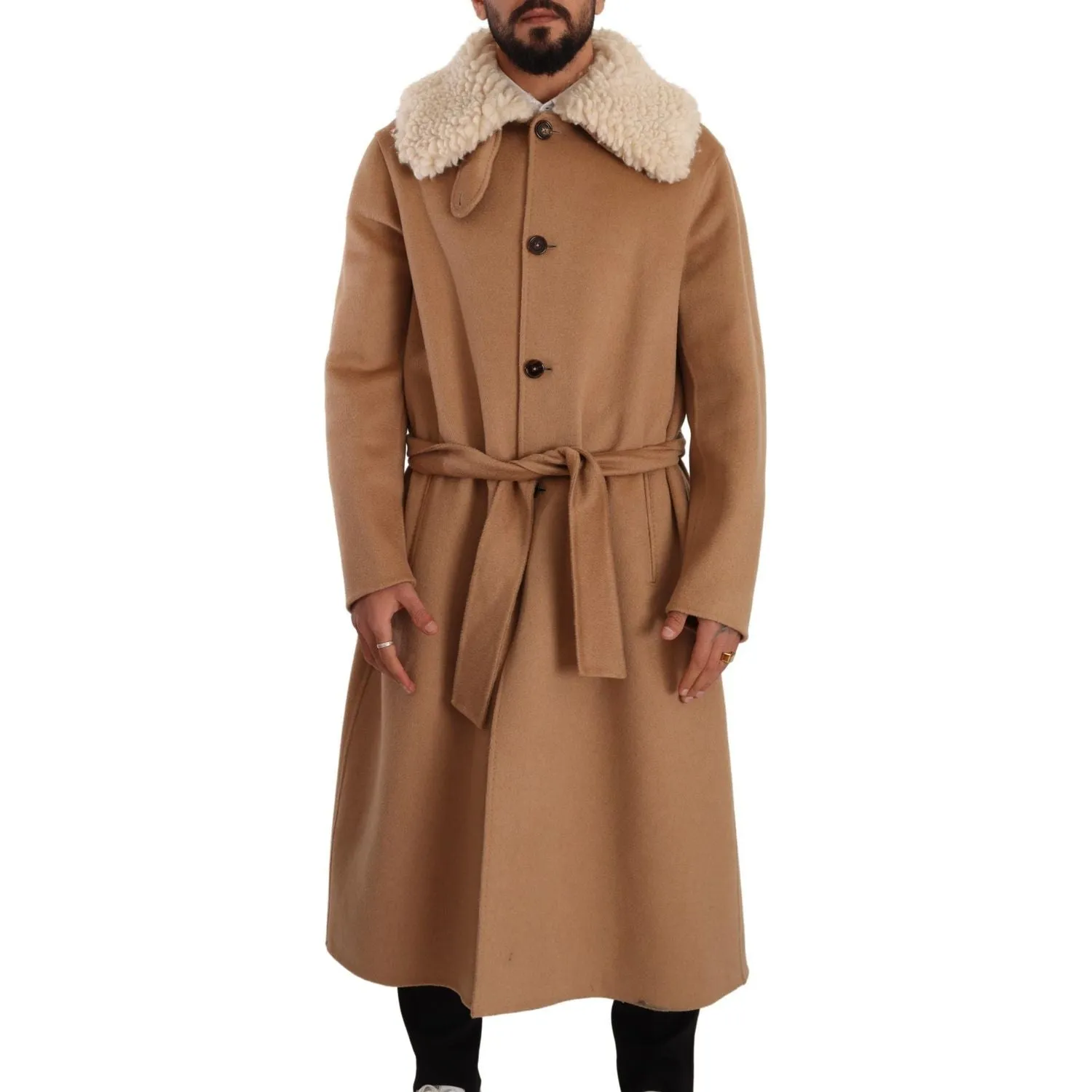 Dolce & Gabbana Opulent Beige Shearling-Collar Overcoat