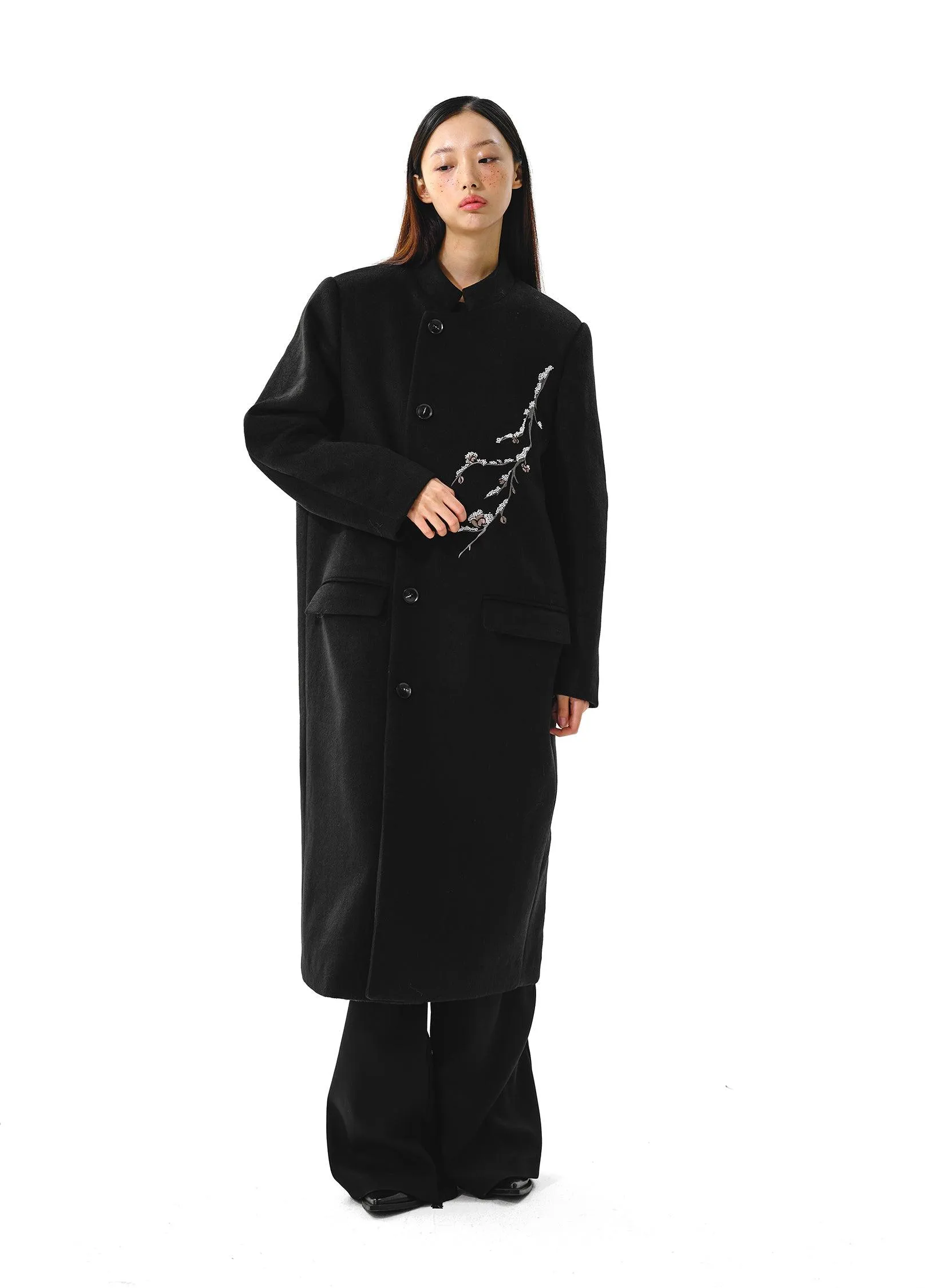 Elegant Plum Tree Embroidered Overcoat