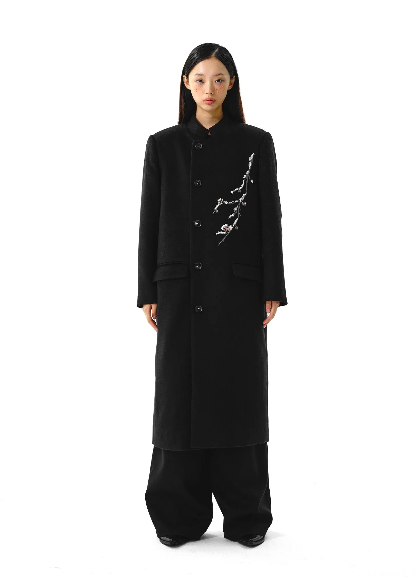 Elegant Plum Tree Embroidered Overcoat