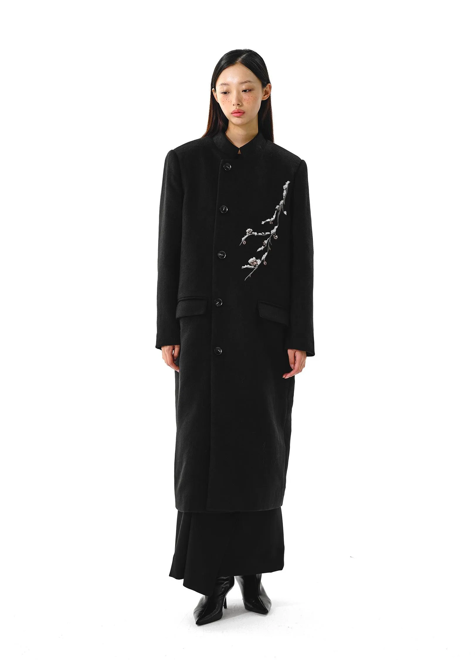 Elegant Plum Tree Embroidered Overcoat