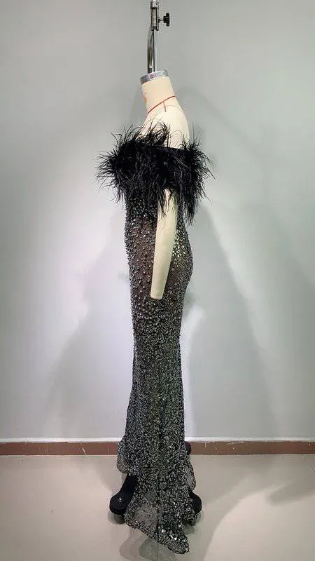 Ellen Off The Shoulder Feather Sequined Maxi Dress