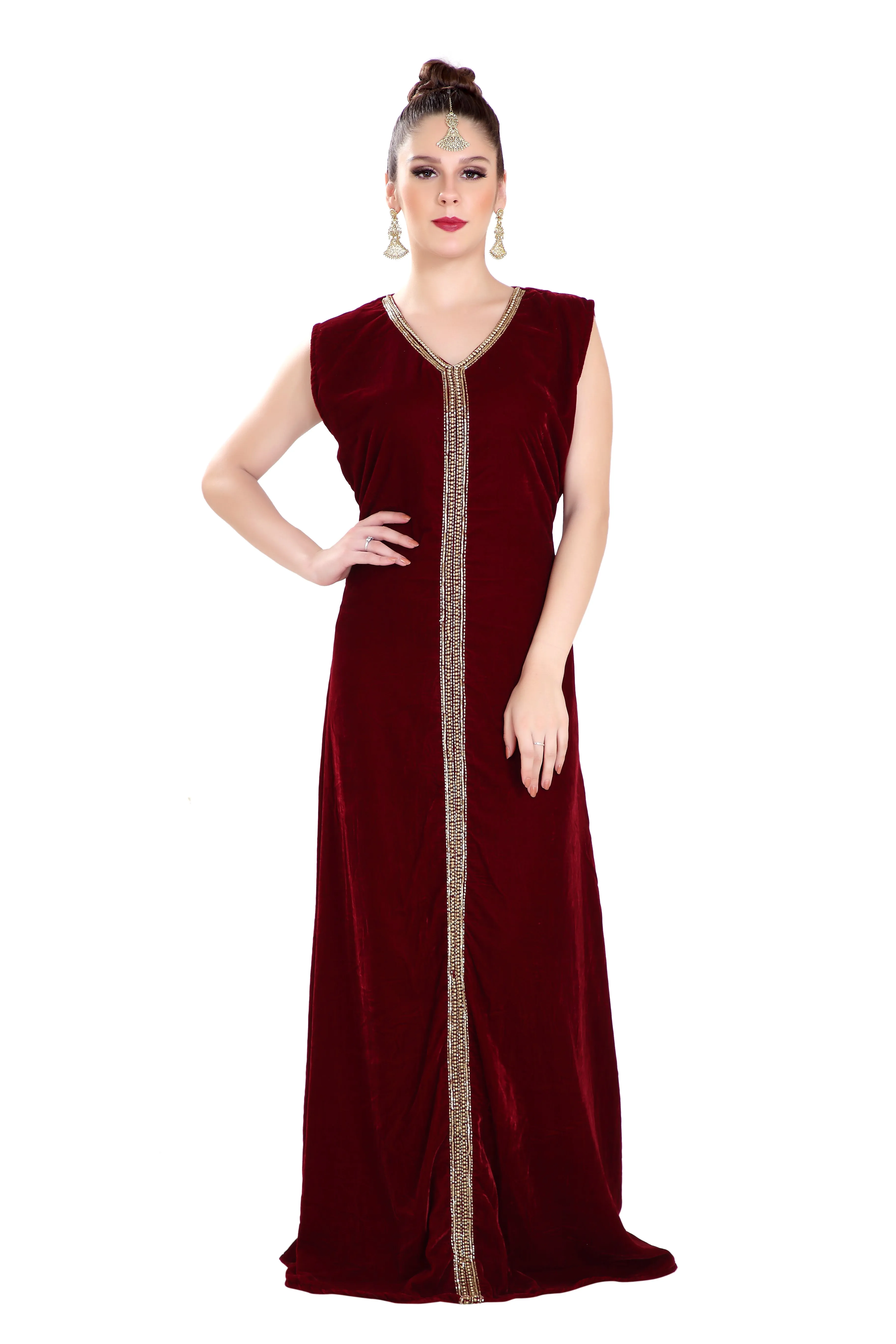 Embroidered Maxi in Maroon Velvet Fabric