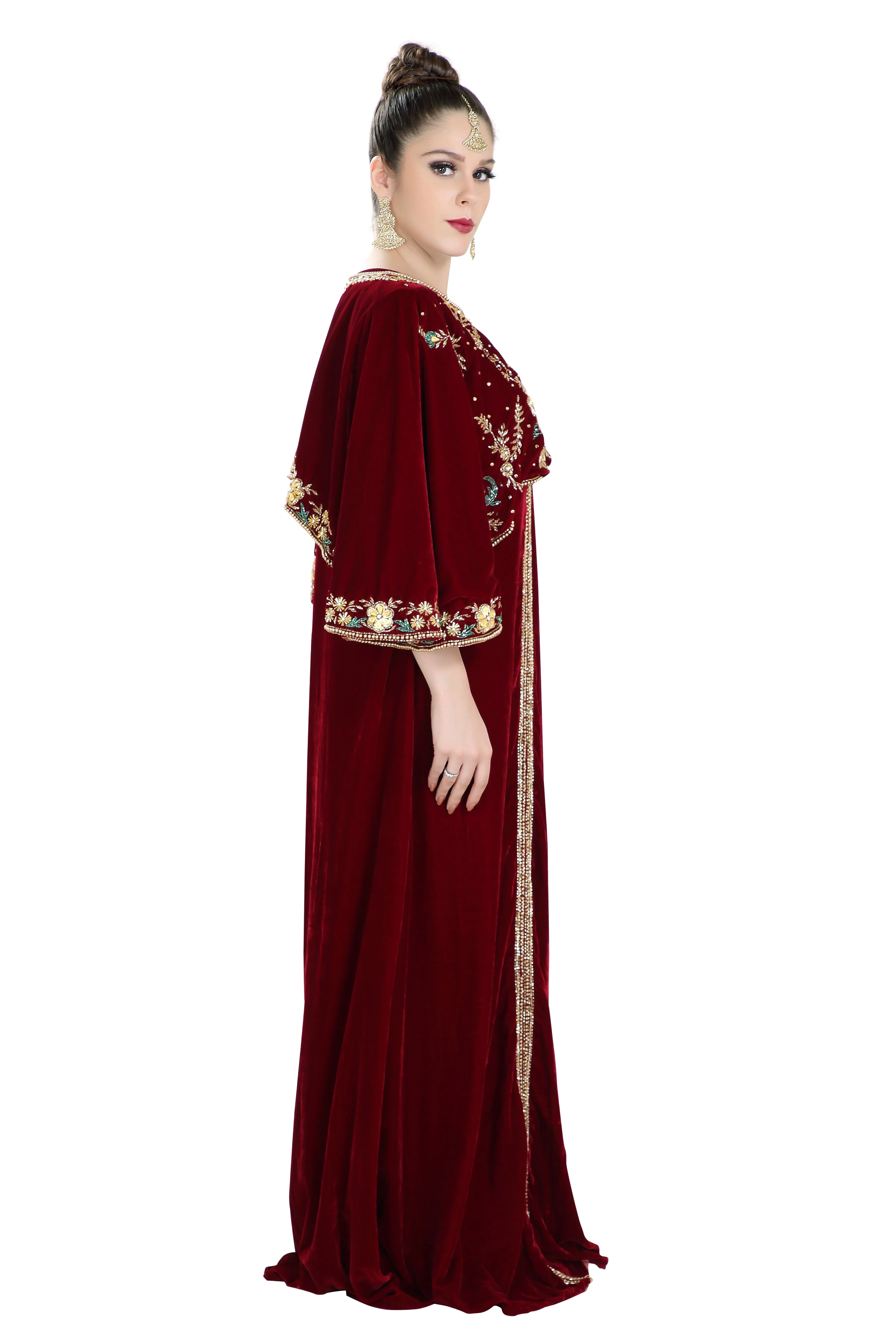 Embroidered Maxi in Maroon Velvet Fabric