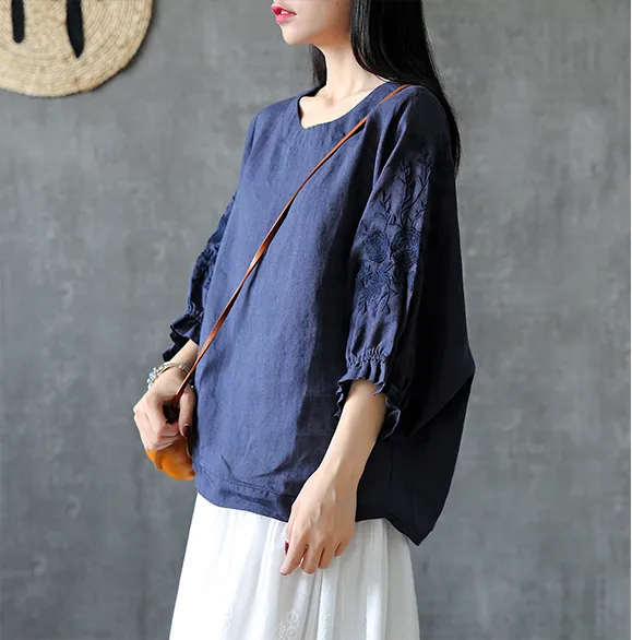 Embroidery Sleeve Summer Women Casual Blouse Cotton Linen Shirts  Women Tops DZA2005248