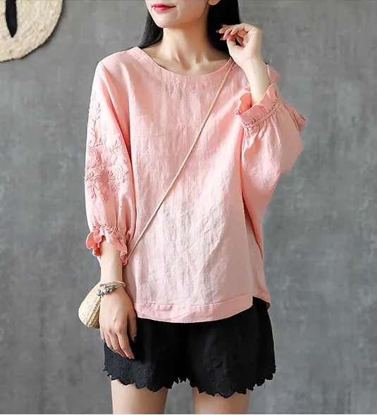 Embroidery Sleeve Summer Women Casual Blouse Cotton Linen Shirts  Women Tops DZA2005248