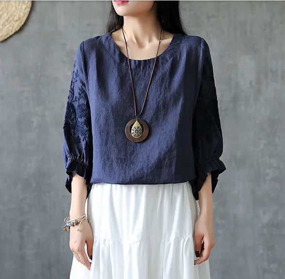 Embroidery Sleeve Summer Women Casual Blouse Cotton Linen Shirts  Women Tops DZA2005248