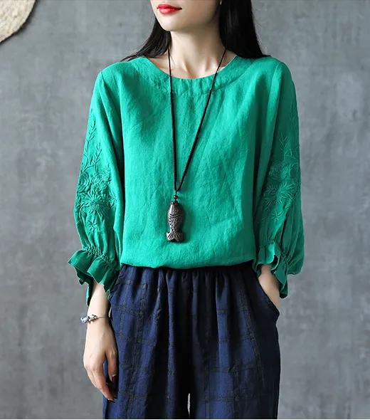 Embroidery Sleeve Summer Women Casual Blouse Cotton Linen Shirts  Women Tops DZA2005248